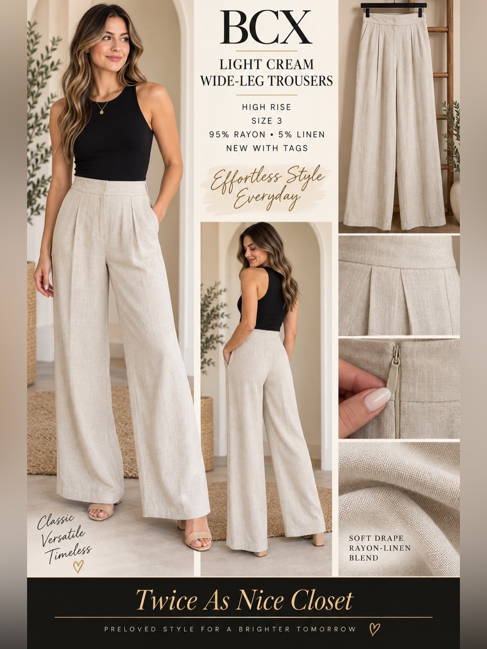 BCX Light Cream Wide-Leg High-Rise Trousers NEW Size 3